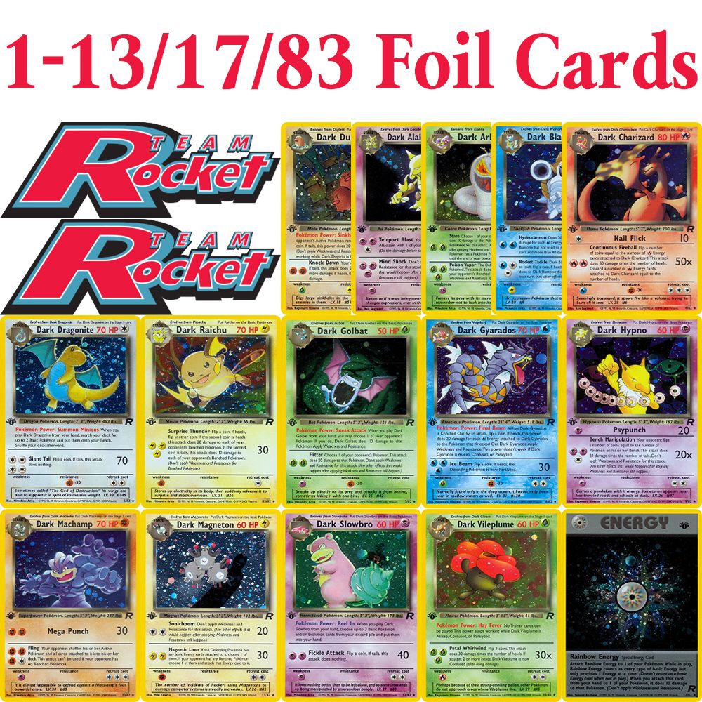 PKM Cartas de Jogo Proxy Foil Conjunto Completo Team Rocket (RO) Jungle (JU) Base Set (BS) Fossil (FO) TCG Colecionável Brinquedo e Presente Pokemon