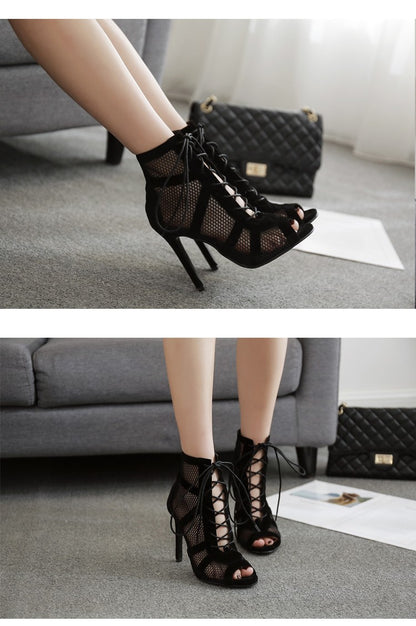 Black Sexy Lace Up Cross-tied Women Shoes Comfort High Quality Thin Heels Open Toe Dancing Sandals Ankle Strap Hollow Out Pumps