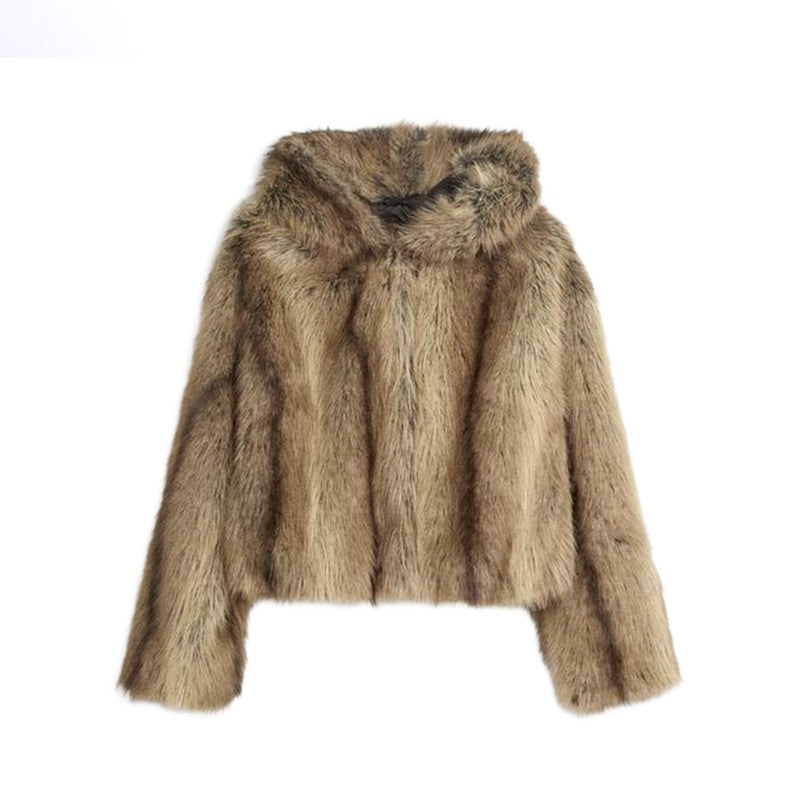 Warm Women's Hooded Faux Fur Cropped Coats Loose V-neck Full Sleeve Thicken Jacket Female 2025 Autumn Winter Lady Luxury Outwear