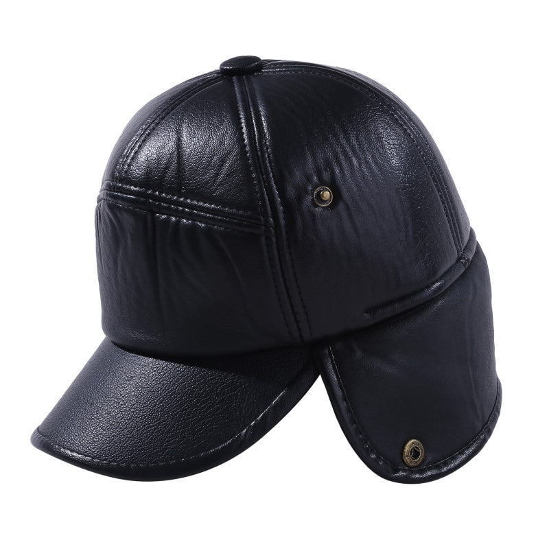 Boné de beisebol de couro preto com pele e abas para os ouvidos, quente de inverno, para homens e mulheres, engrossado