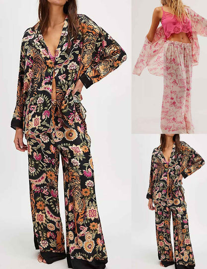 Women Satin Pajamas Set 2 Piece Western Cowgirl Silk Pjs Wide Leg Pants Button Down Loungewear