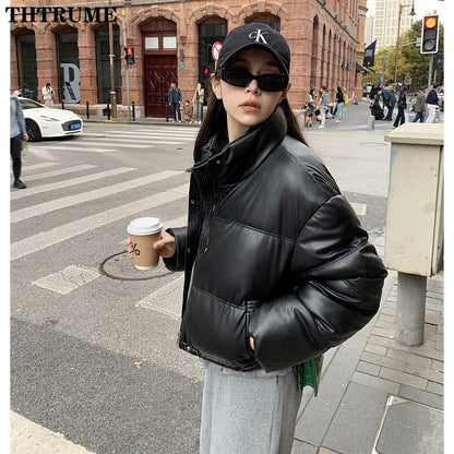 Autumn Winter Warm PU Jackets Fashion Women Long Sleeve Korean Thick Loose Coats Casual Office Lady Commute Lapel New Outerwear