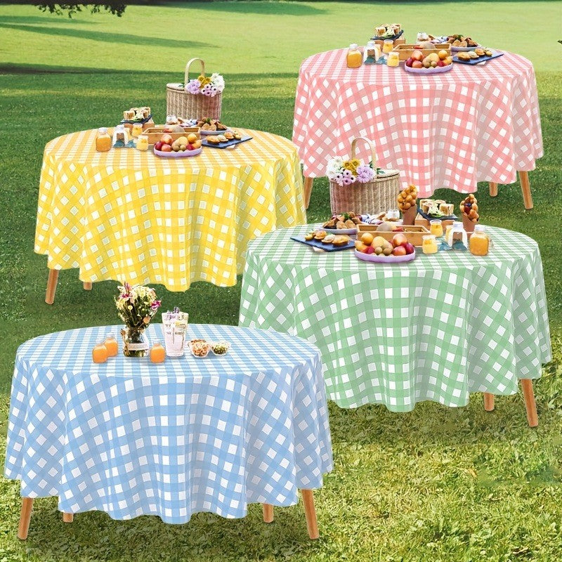 1/4pcs 213cm/83.86in Disposable Tablecloth Reusable Round Tablecloth Wrinkle-Free Waterproof Gingham Tablecloth Family Gathering