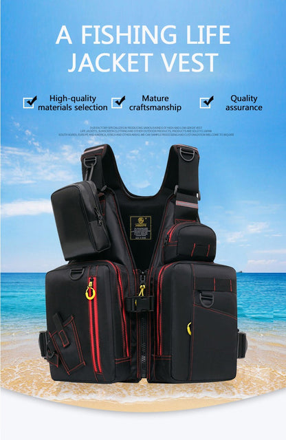 Colete salva-vidas multifuncional para pesca ao ar livre, essencial para a segurança. Vários bolsos para armazenamento, materiais flutuantes