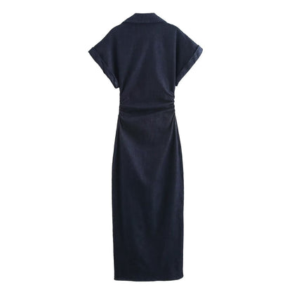 ETJ 2025  Spring New 1975 series denim MIDI dress with lapel side zipper fashion