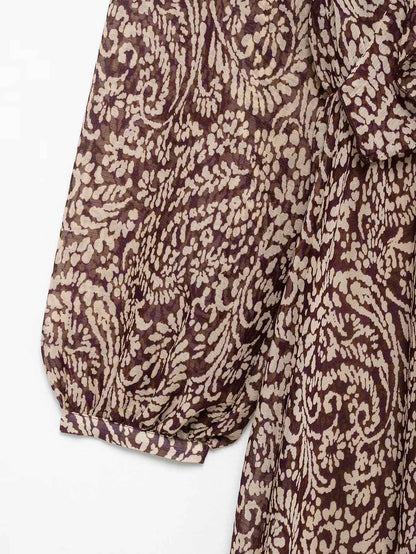 2025 Spring New Product Women's Stacked Decorative Printed V-neck Midi Dress Fas