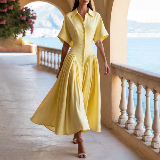 Modigirl Woman Summer Elegant Midi Dresses 2025 High Waist Lapel Neck Short Slee