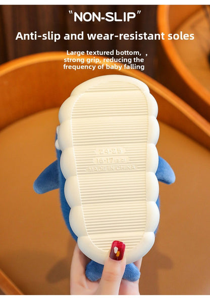 Winter Heel Wrap Cotton Children's Slippers Cute Cartoon Shark Non-slip Soft Sole Kids Boys Girls Junior Warm Plush Home Shoes