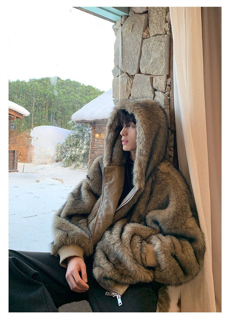 Pi Shuai Coat 2024 Winter Autumn/Winter New Men New Style Fox Imitation Fur Coat Leather Fashion Loose Thick Warm Coat Commuter