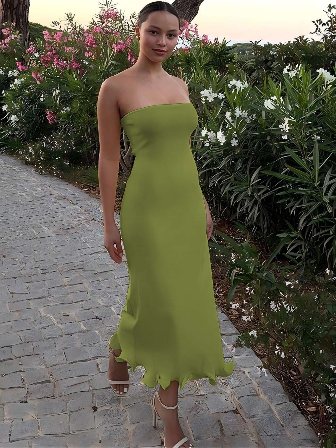 Dulzura Sleeveless Ruffles Patchwork Strapless Bodycon Midi Dress Women'S Solid