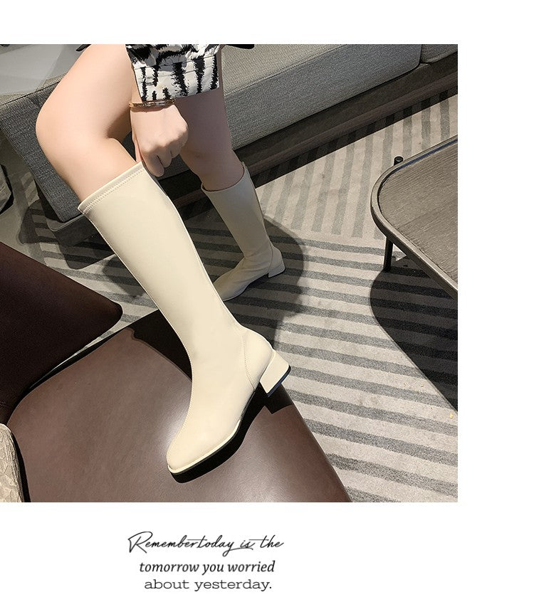 Women Black High Heel Long Boots Fashion Spring Autumn Warm Knee High Boots Soft Leather Thigh High Boots Shoes Zipper