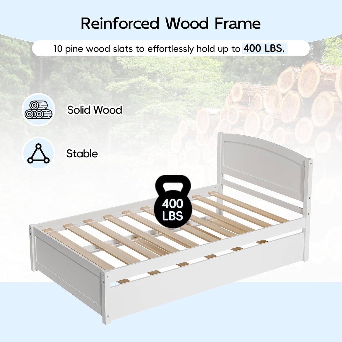Daybed with Trundle, Twin Size Pull Out Bed, Solid Wood Extendable Day with Trundle Bed Twin, Include Slat Support (Whit