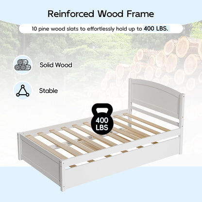 Daybed with Trundle, Twin Size Pull Out Bed, Solid Wood Extendable Day with Trundle Bed Twin, Include Slat Support (Whit