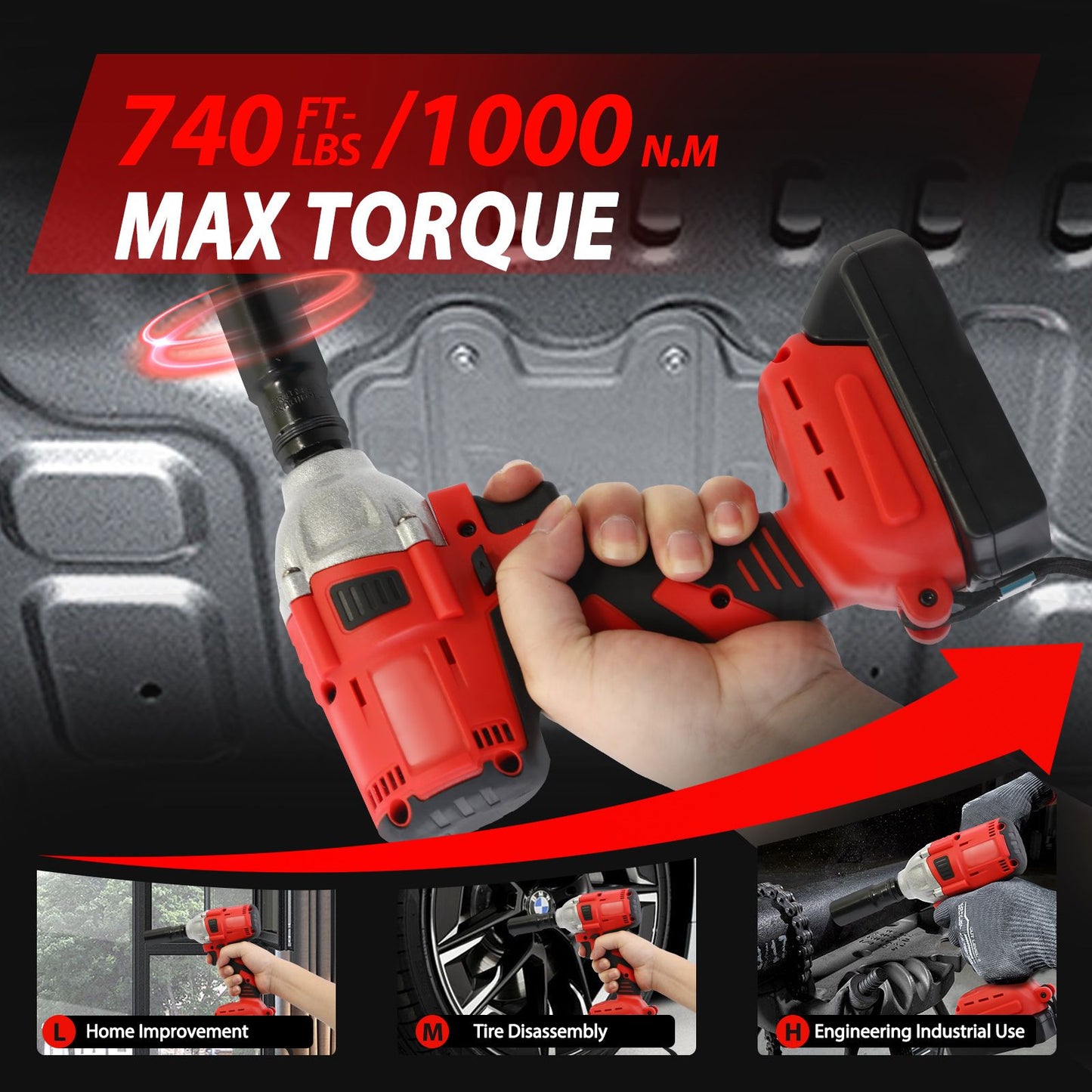 Chave de Impacto Sem Fio 1000 N.m (740 ft-lbs) Brushless Elétrica de Alto Torque com Baterias de 1500 mAh 20 V Carregador Rápido para Carro e Caminhão