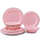 Melamine 12-Piece Modern Dinnerware Set, Kitchen Plates and Bowls Sets, Luxury 2 tone Red and Black Ceramic look Dish Set for 4.