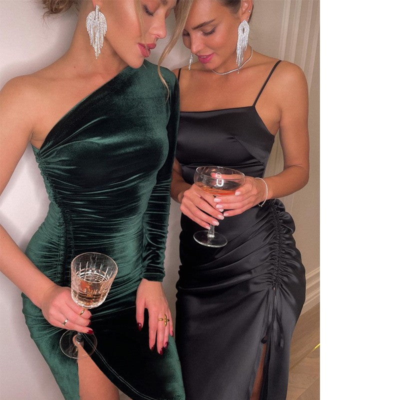 Women Elegant Long Sleeve Party Evening Velvet Bodycon Split Pencil Midi Dress S