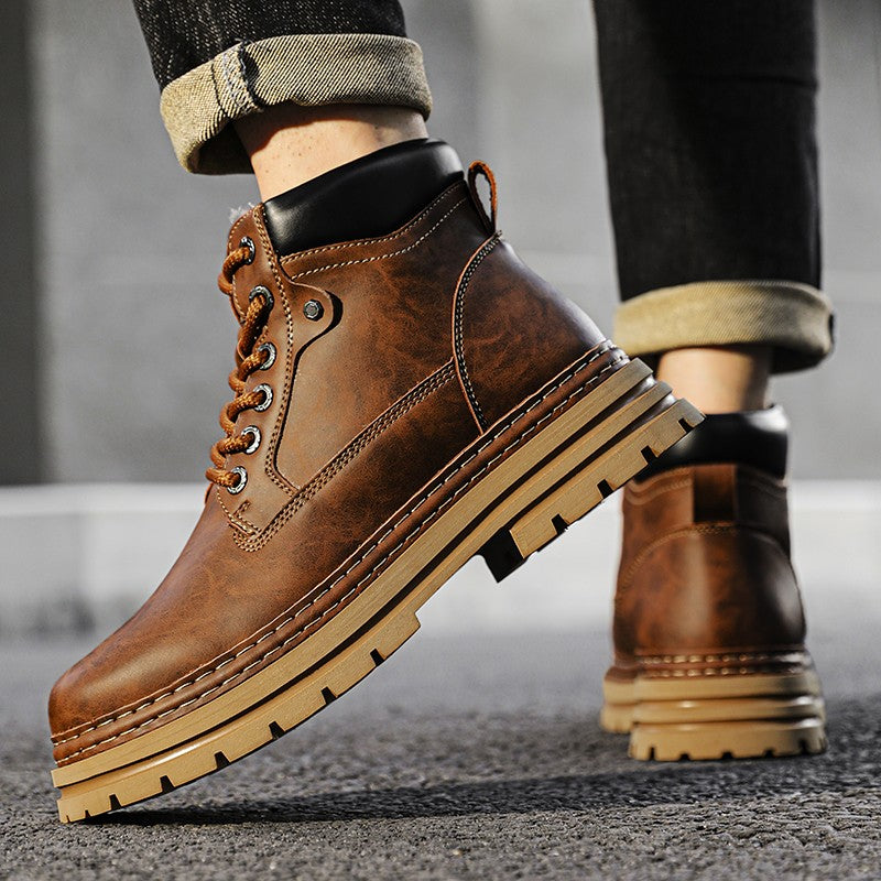 Leather Ankle Boots Stylish Walking Shoes Outdoor Men Casual Footwear Winter Plush Snow Boots New Trendl Mens High Top Shoes