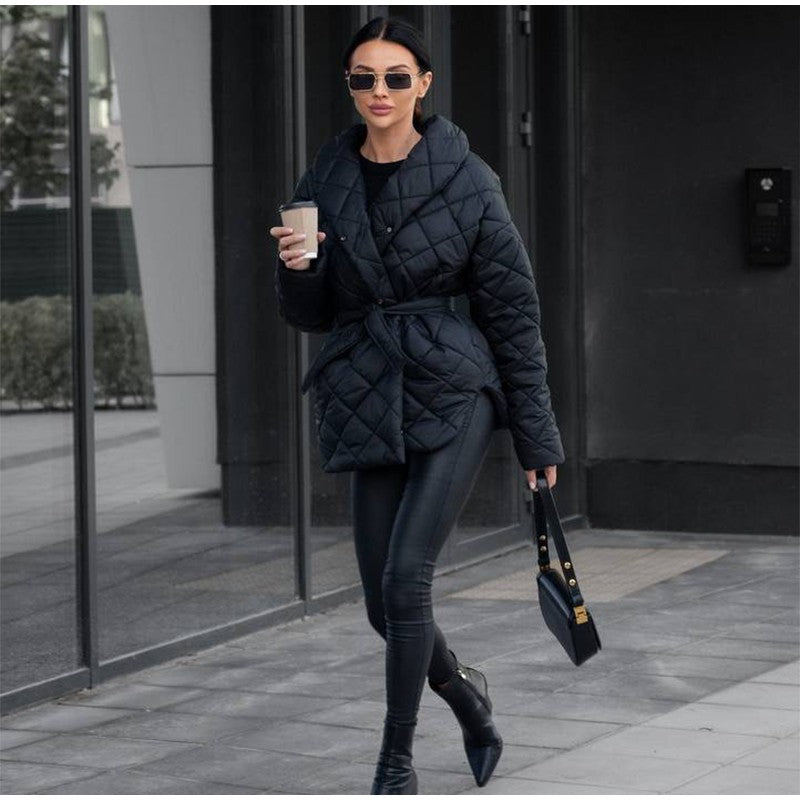 Solid Lapel Lace Up Cotton Coat Women Fashion Long Sleeve Warm Loose Pocket Short Coats Lady New Winter Commute Street Outwears