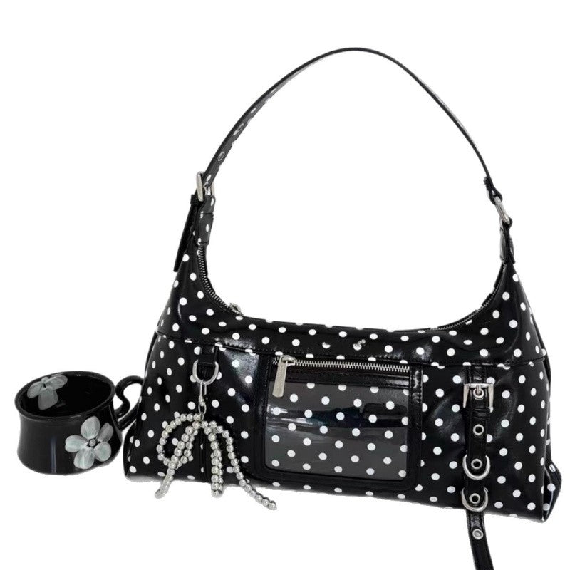 Retro oil wax leather crossbody bag, contrasting polka dot mini armpit bag, girls' shoulder bag