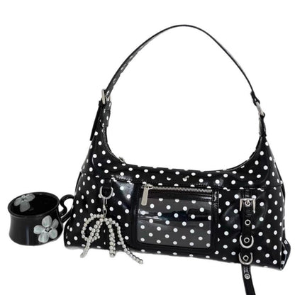 Retro oil wax leather crossbody bag, contrasting polka dot mini armpit bag, girls' shoulder bag