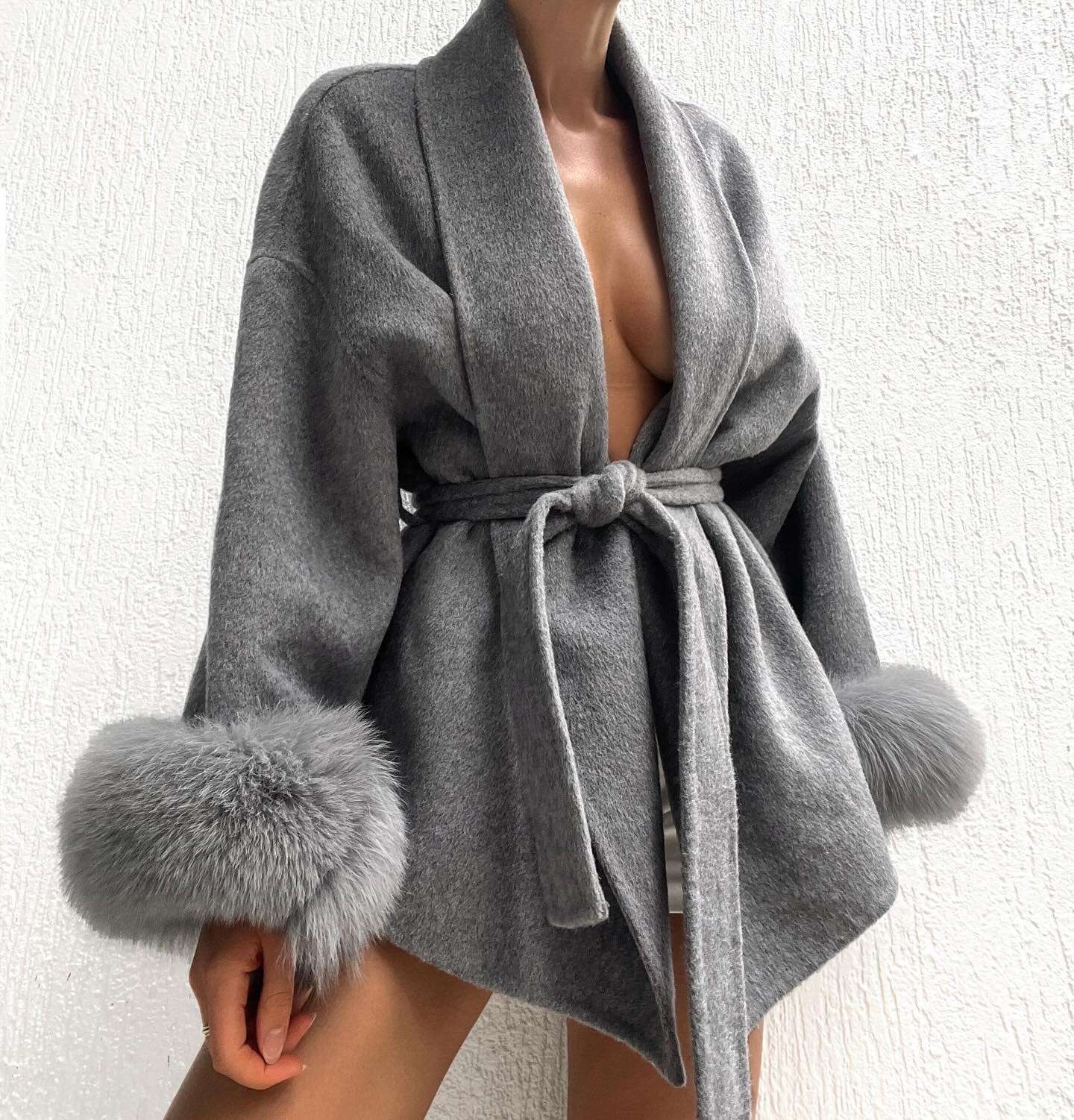 Casual Fur Patchwork Lace Up Woolen Coat Women Elegant V-neck Full Sleeve Loose Outerwear Lady Autumn Daily Commute Street Coats