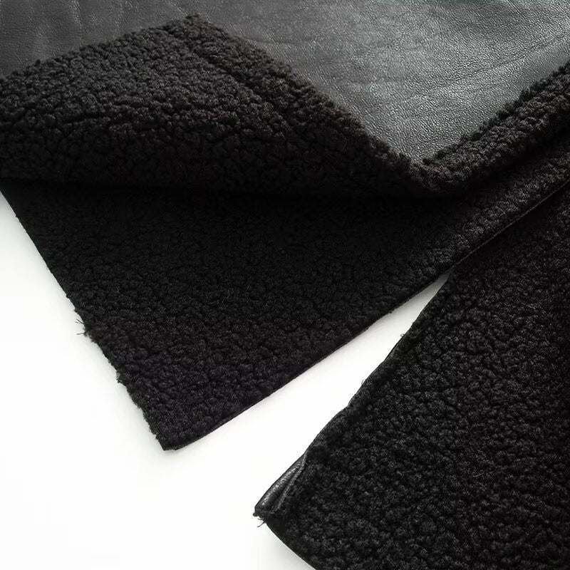 Women's Coat 2025 Autumn New Style Black Long-Sleeve Leather and Fur Integrated Coat with Belt High-End Outerwear Elegant