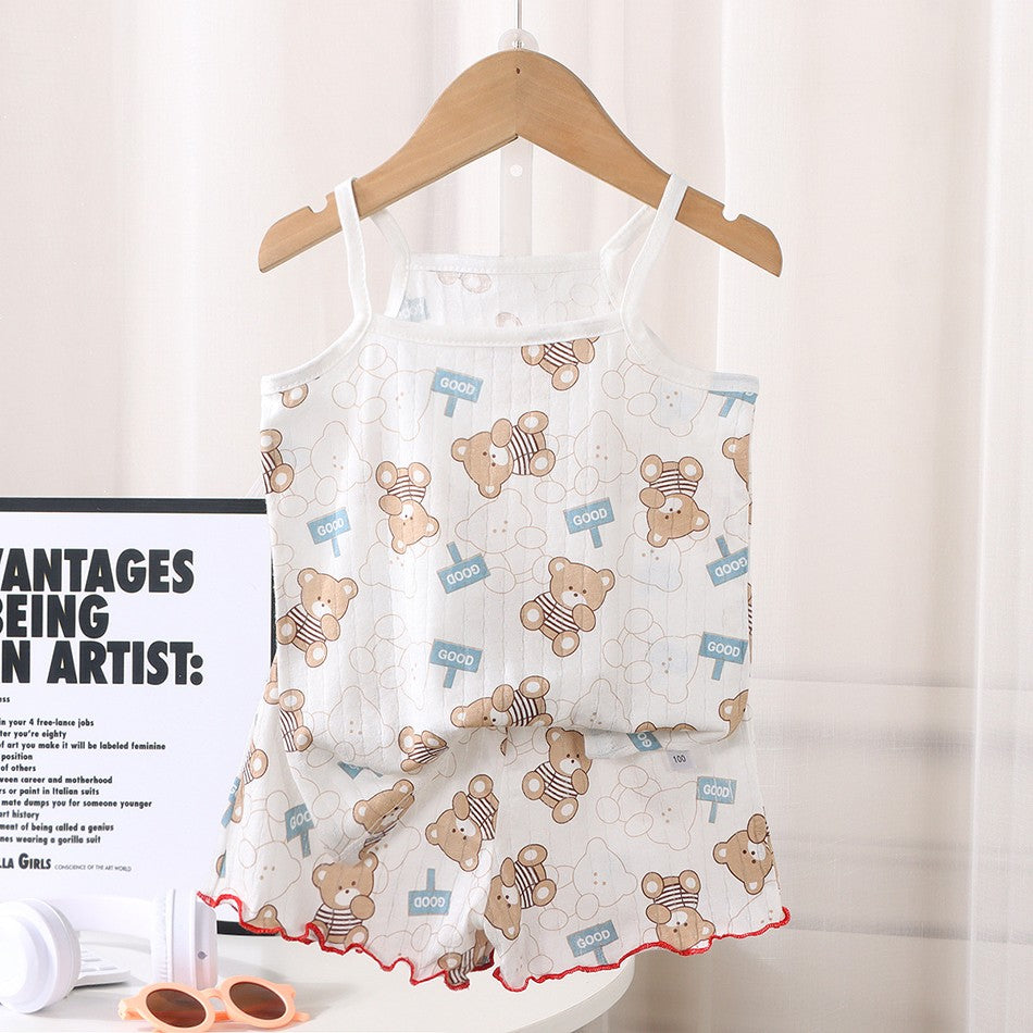 2 Pcs 2025 Summer Girl's Pajamas Sets Loungewear Set Strap Sleepwear Pants Skirt Baby Girl Clothes Sleeveless Children's Clothes
