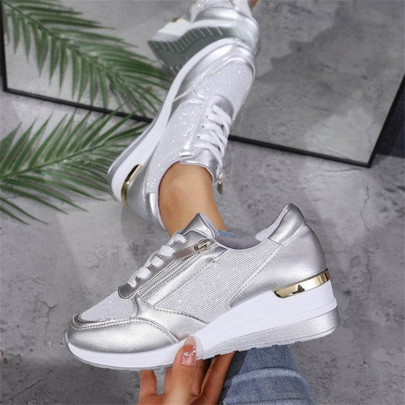 Fashion Thick Bottom Silver Sneakers Women 2025 Spring Wedge Heel Vulcanized Shoes Woman Comfortable Lace Up Sport Sneaker Mujer