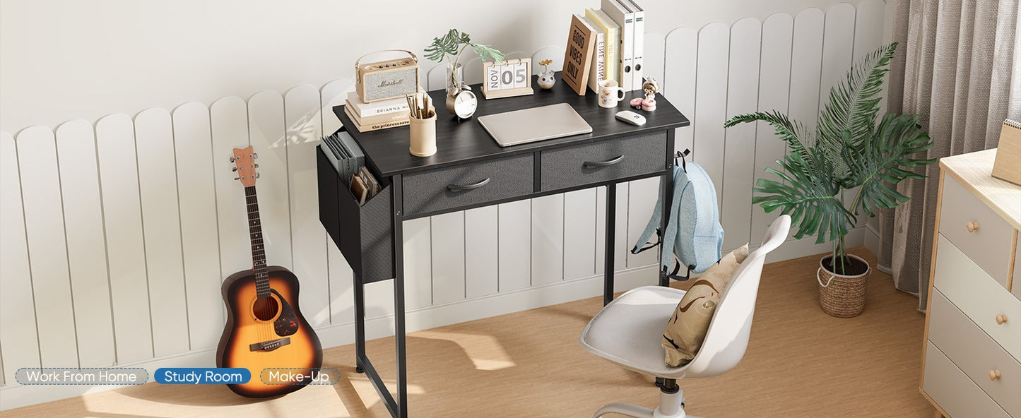 Mesa de computador moderna para escritório JHK 32 polegadas com gavetas de armazenamento de tecido, bolsa lateral, estrutura de metal e pés ajustáveis para mesa de PC doméstica