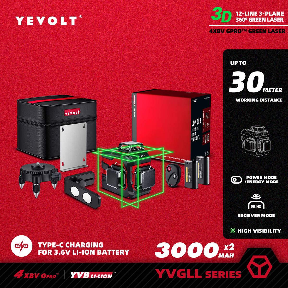 Nível a Laser Verde YEVOLT YVGLL4XS-Series 3/4 Planos 12/16 Linhas Autonivelante 360 3D/4D Horizontal e Vertical Ferramenta de Medição de Energia