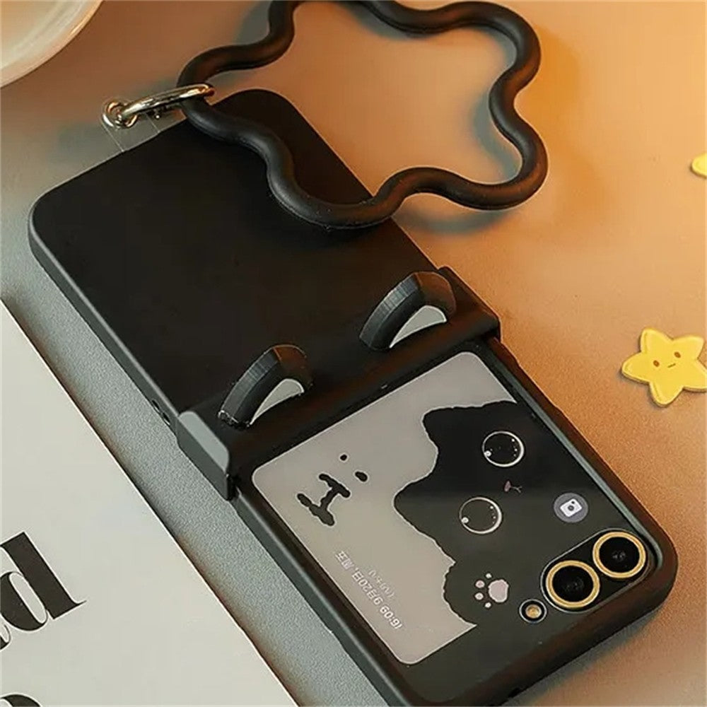 Capa de celular preta com orelhas de gato fofas Coreia Japão para Motorola Razr 60 50 Ultra Razr 40 Ultra para Samsung Galaxy Z Flip 7/6/5/4/3