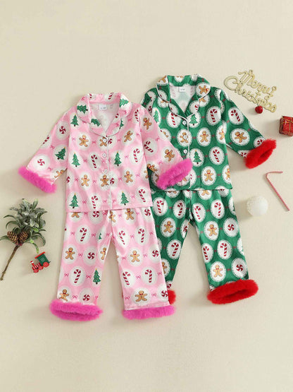 Girls Christmas Satin Pajama Set with Reindeer Print Lapel Long Sleeve Button Down Top and Matching Pants Sleepwear
