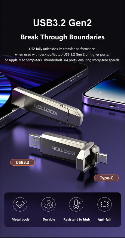 KOOTION U52 Type C USB 3.2 External Solid State Flash Drive 1TB 512GB 256GB Portable Pendrive for PC Laptop iPhone 16 Tablet