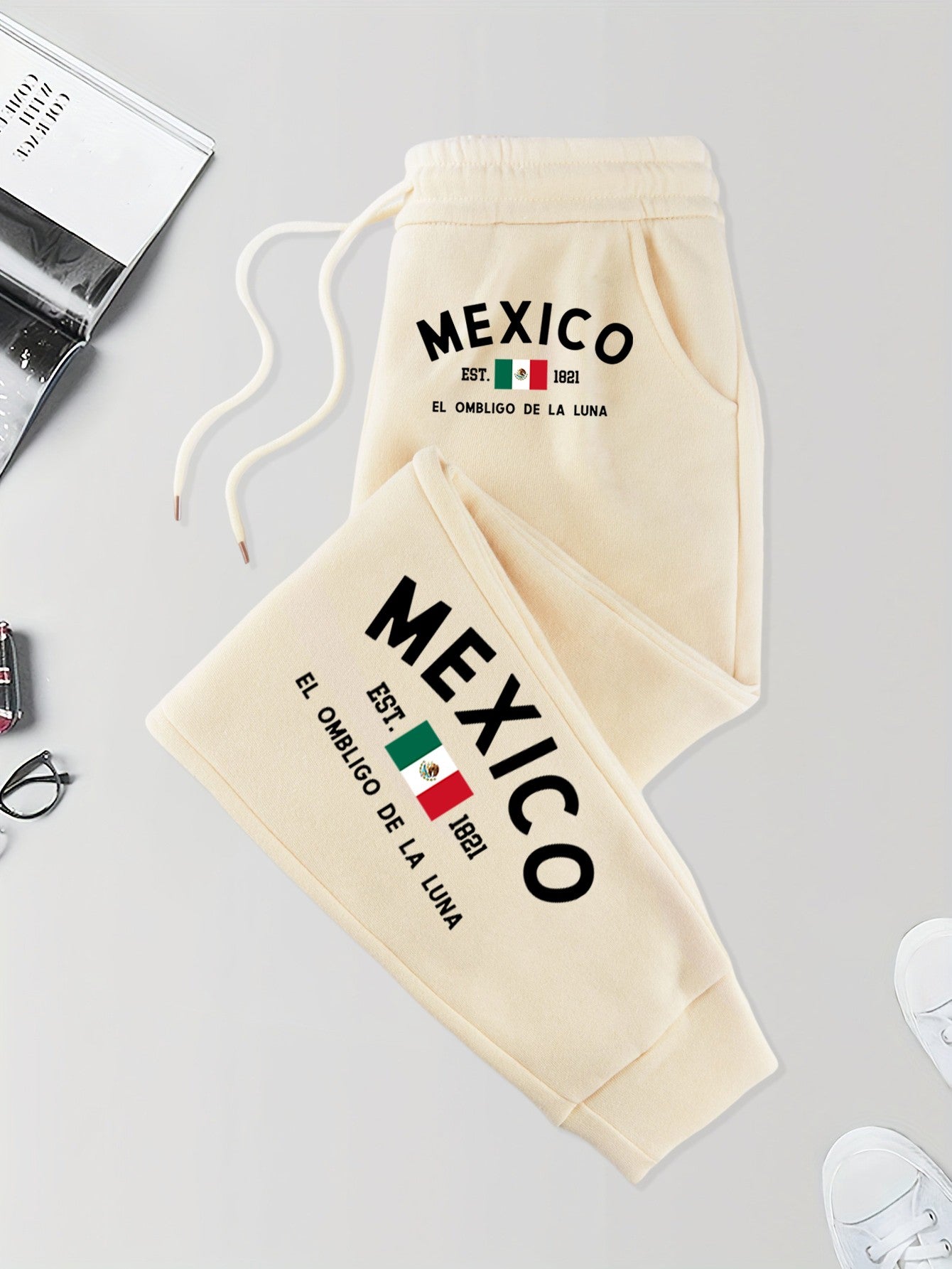 Calça de Moletom Masculina com Bolso Estampada México e Bandeira Outono Elástico na Cintura Calças Confortáveis de Rua Calça de Jogging Básica Longa