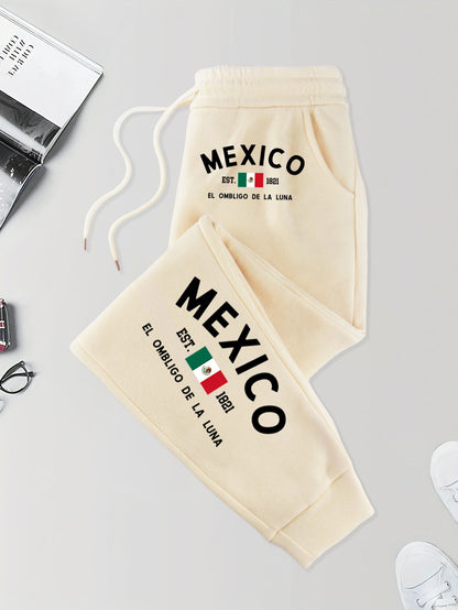 Calça de Moletom Masculina com Bolso Estampada México e Bandeira Outono Elástico na Cintura Calças Confortáveis de Rua Calça de Jogging Básica Longa