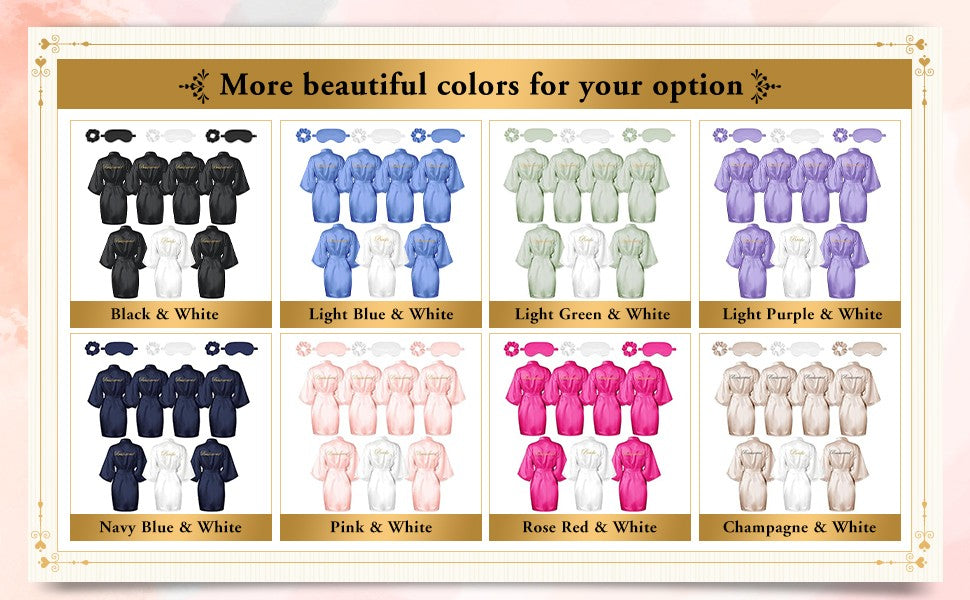 7 Pcs Bridesmaid Robe Sets Bride Silk Satin Bridal Party with Sleeping Eye Mask and Elastic Headband