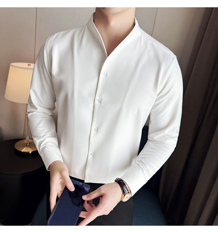 Advanced Sexy V-neck Men's Long Sleeved Shirt Designer Stand Up Collar Shirt Business Social Slim Fit Black and White Top