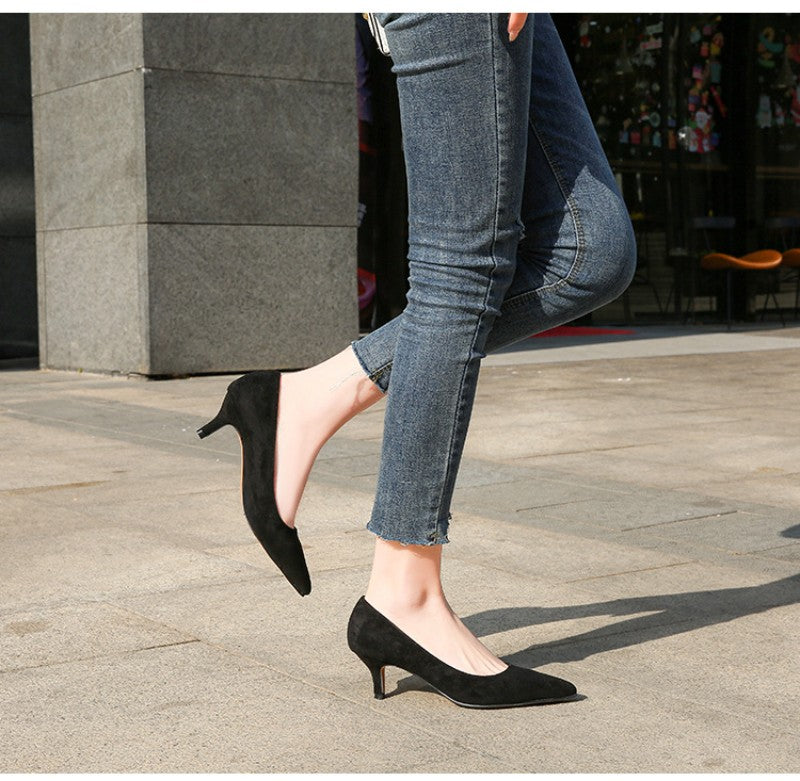 European American Fashionable Pointed High Heels Women With Rhinestone Bows Shallow Mouth Mid-Heeled Single Shoes Silk Satin