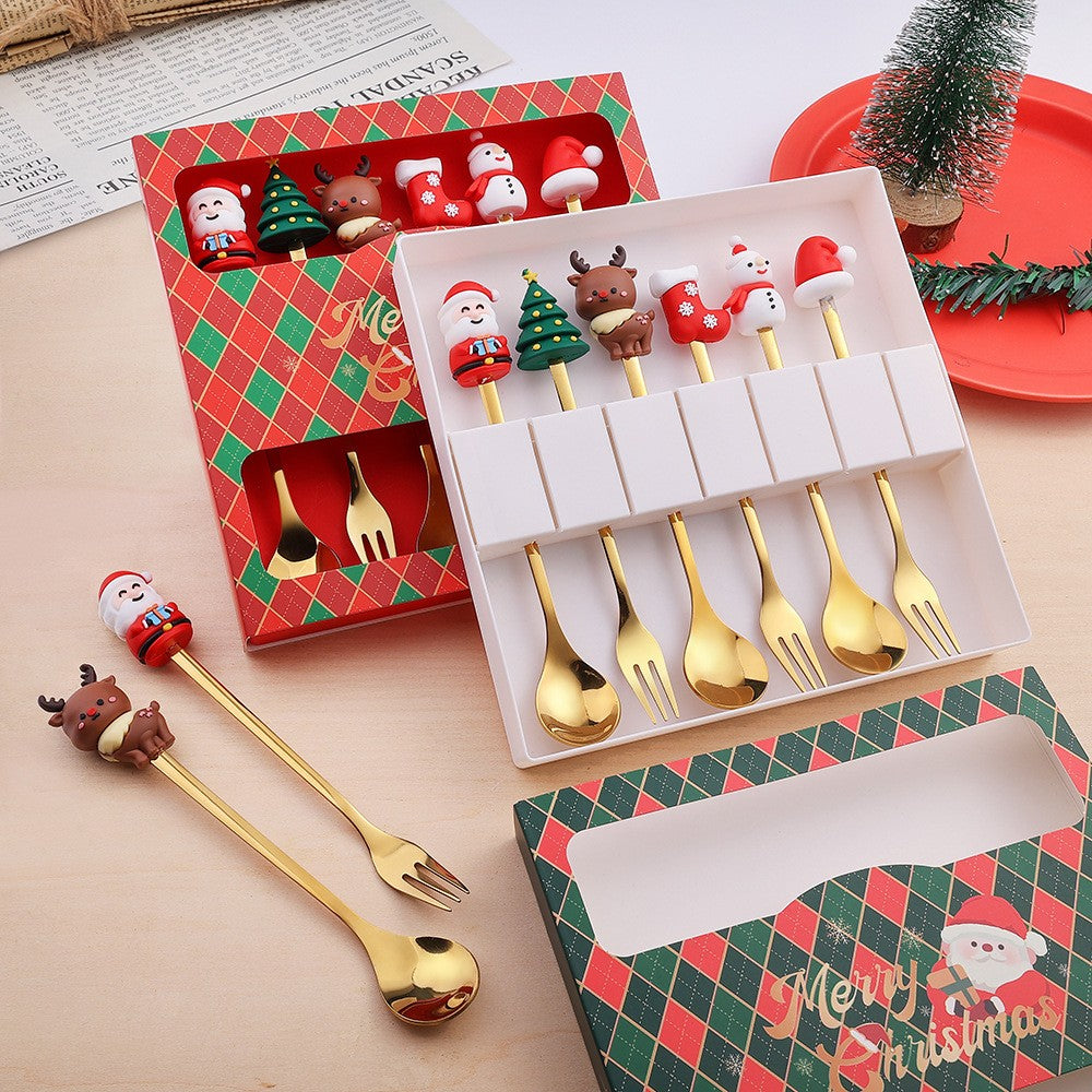 Christmas Themed Cutlery Gift Set 2/4/6pcs Stainless Steel Forks Spoons for Dessert, Creative Holiday Tableware Coffee Tea Party