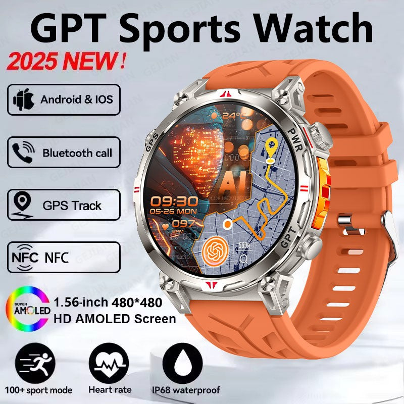 Smartwatch Esportivo 2025 com GPS, GPT, AMOLED de 1,56 polegadas, 488*488, Monitoramento de Frequência Cardíaca, Oxigênio no Sangue e Pressão Arterial, 3ATM