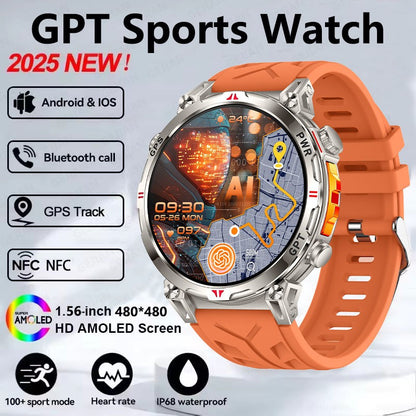 Smartwatch Esportivo 2025 com GPS, GPT, AMOLED de 1,56 polegadas, 488*488, Monitoramento de Frequência Cardíaca, Oxigênio no Sangue e Pressão Arterial, 3ATM