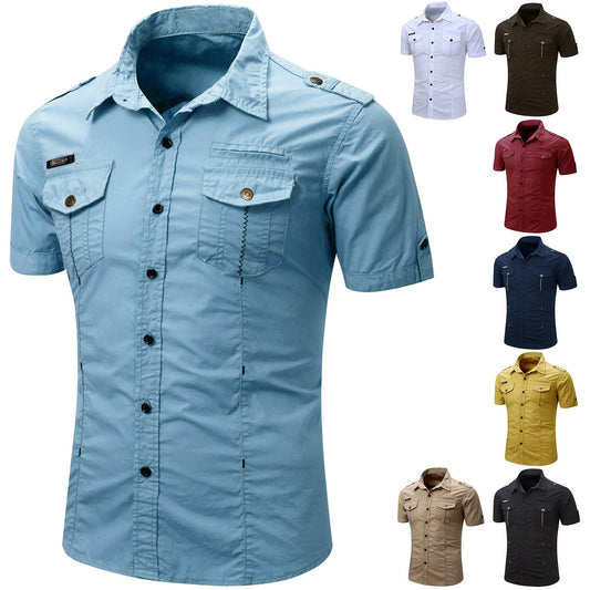 New Fashion 2025 Men's Casual 100% Cotton Military Tactical Shirt Summer Short Sleeve Solid Color Cargo Work Shirts with Pocket