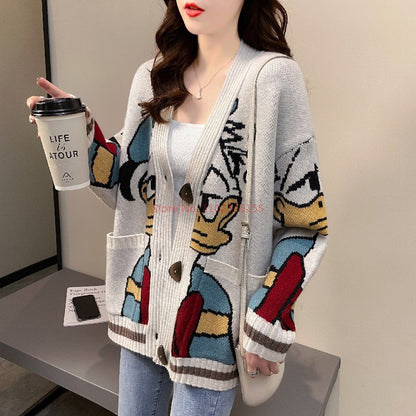 Suéter Disney Pato Donald Anime Desenho Animado Casaco Feminino Outono/inverno Cardigã Solto Suéter de Malha Blusa Presente para Menina