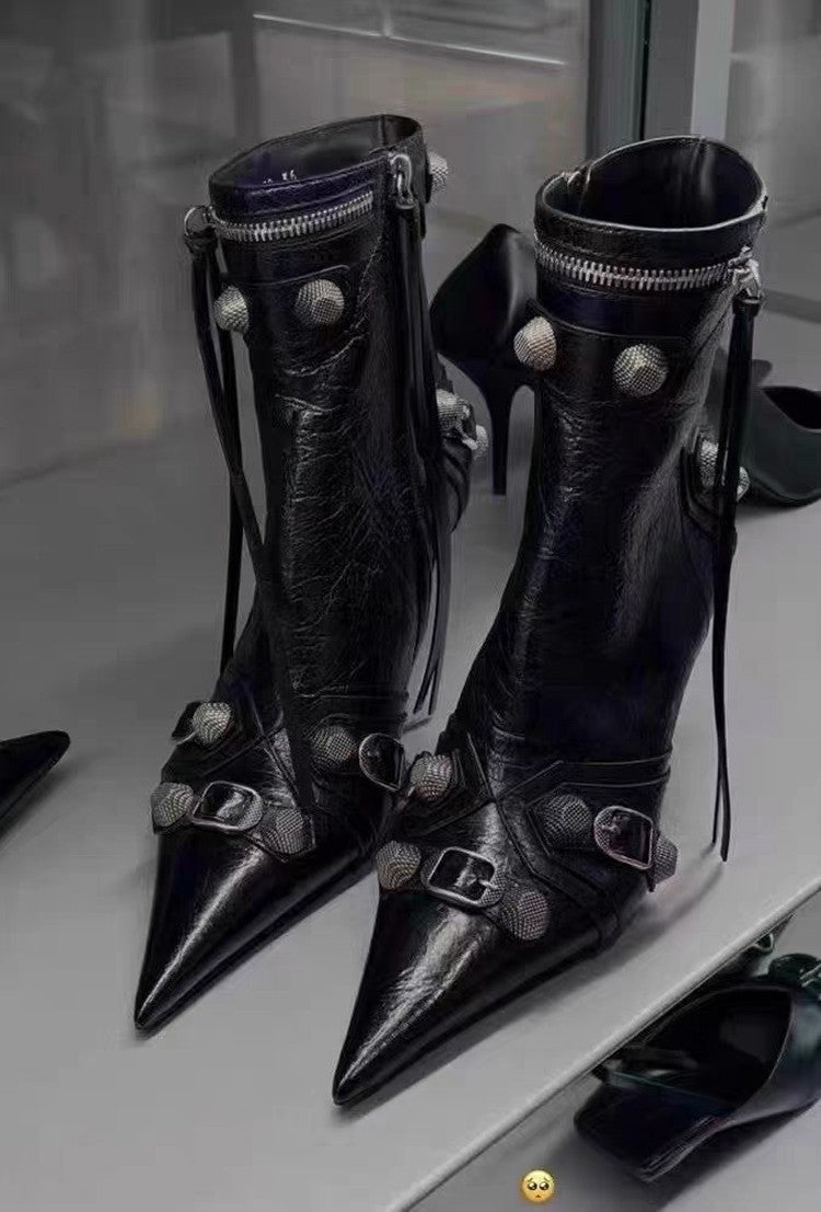 Autumn Winter Women Ankle Boots Sexy Pointed Toe Pole Dance High Heels Pumps Fashion Zip Rivet Chelsea Thin Shoes Female D171