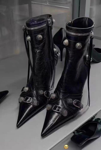 Autumn Winter Women Ankle Boots Sexy Pointed Toe Pole Dance High Heels Pumps Fashion Zip Rivet Chelsea Thin Shoes Female D171