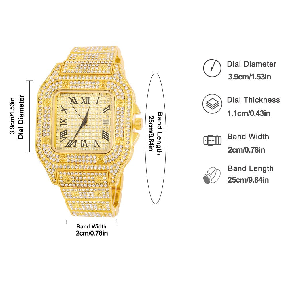Hip-hop Punk Quartz Watch Stylish Full Diamonds Watch 2 Styles to Choose Bundled Size Adjuster Men Women Party Jewelry Gift Box