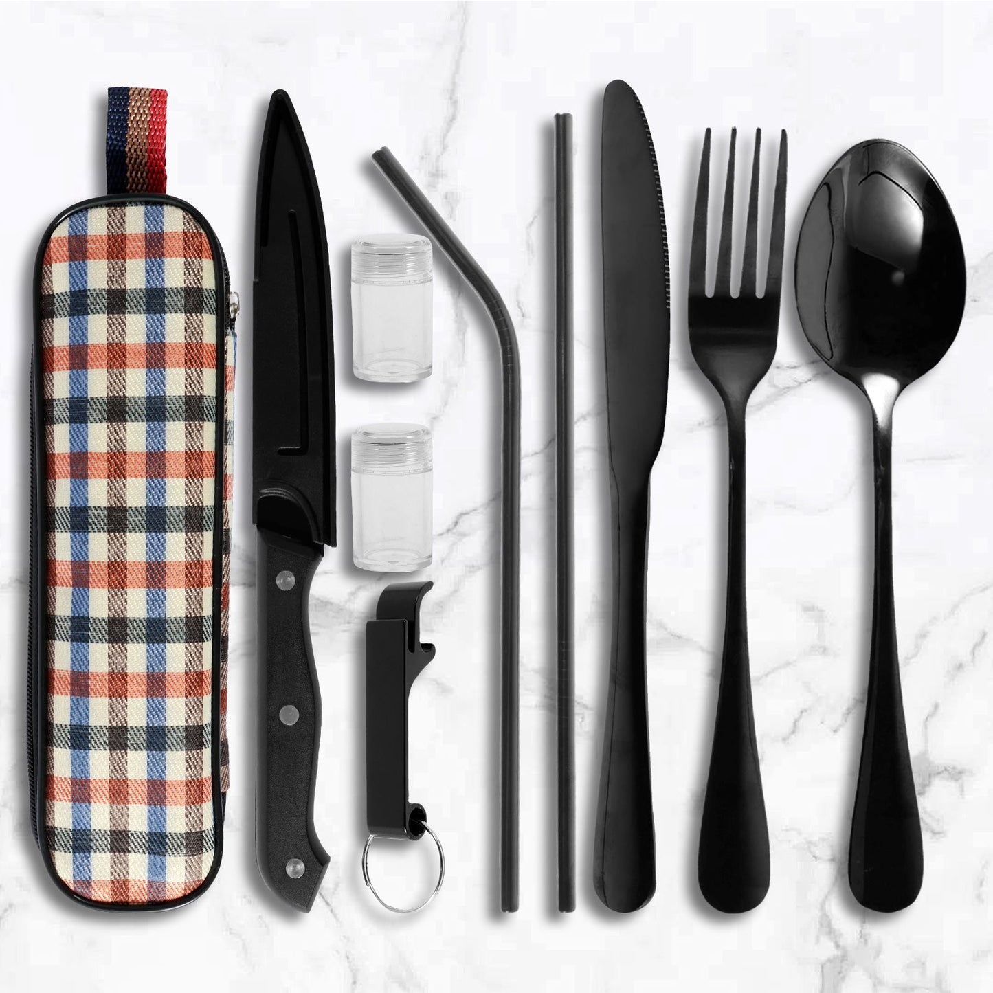 Kit de Talheres de Viagem 10 Peças com Bolsa de Armazenamento Talheres de Viagem de Aço Inoxidável Kit de Utensílios Portátil para Acampamento Kit de Talheres de Viagem