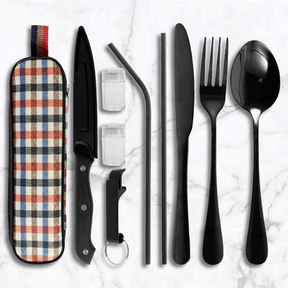Kit de Talheres de Viagem 10 Peças com Bolsa de Armazenamento Talheres de Viagem de Aço Inoxidável Kit de Utensílios Portátil para Acampamento Kit de Talheres de Viagem