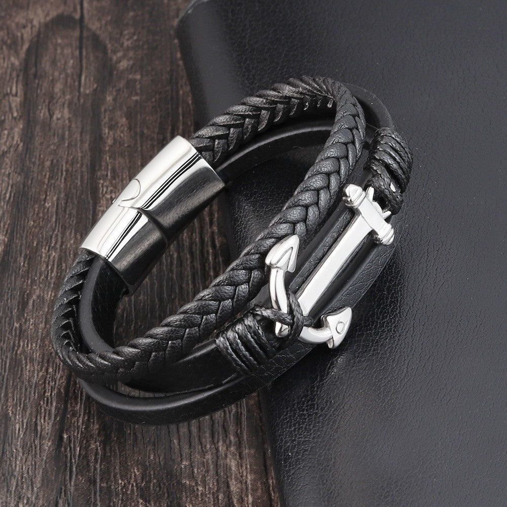 Pulseiras de Âncora Punk de Aço Inoxidável Pulseira de Couro Genuíno e Braceletes Masculinos Joias Pretas Presente de Moda