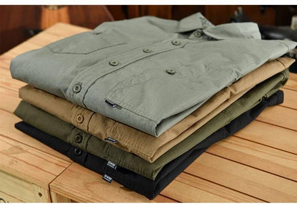 Men's Cargo Shirt Long Sleeve Premium Cotton Solid Color Japanese Streetwear Simple Handsome Chest Pocket Outdoor Work Shirst